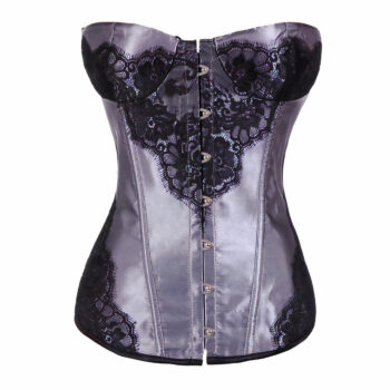 Corset en satin gris et détails en dentelle sur buste.