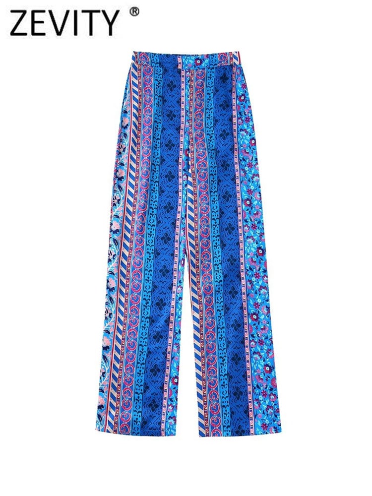 Pantalon en satin bleu à motifs pour femmes