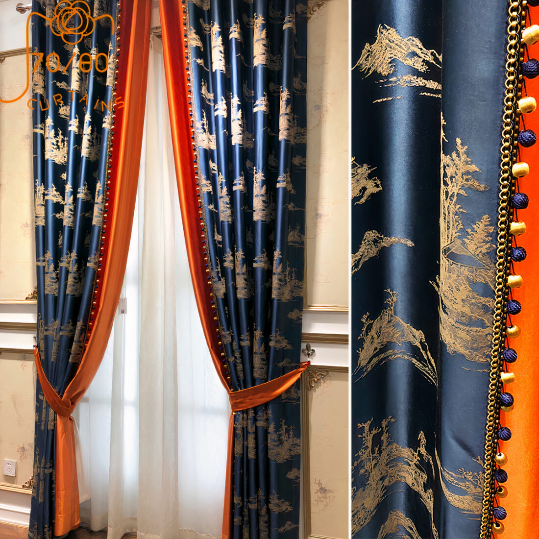 Rideaux bleu et doré et rideaux oranges sur une fenêtre de salon