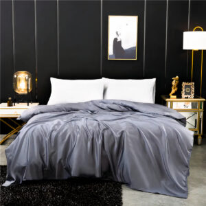 Couvre lit en satin gris dans chambre luxueuse, lit king size