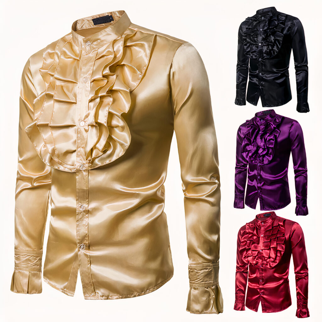 Chemise dorée à volants sur fond blanc. On voit également une chemise noire, une violette et une rouge.