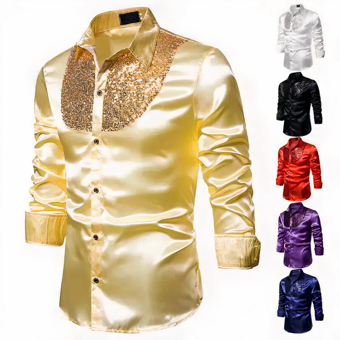 Chemise dorée avec paillettes sur fond blanc. À droite, on voit des les différentes déclinaisons de couleurs.