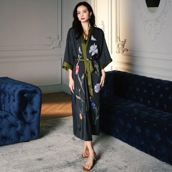 Kimono en satin noir à fleurs pour femme 15660 f3mzfp