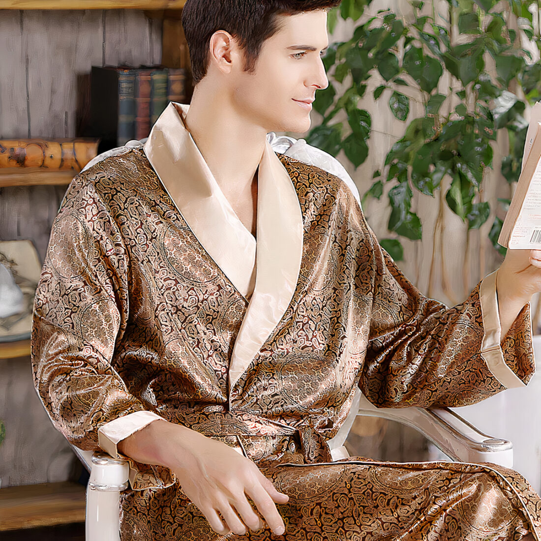 Homme assis sur un siège portant une robe de chambre beige et doré à motifs et tenant un livre à la main. Derrière, on voit une plante verte.