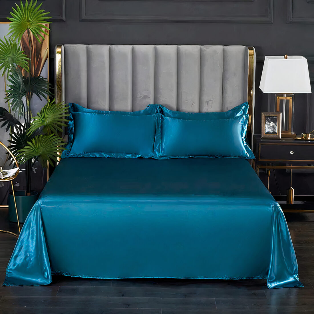 Drap plat en satin bleu canard