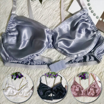 Soutien gorge gris en satin en haut de l'image. En bas, on voit un blanc, un noir et un rose.
