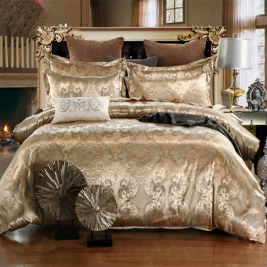 Lit avec une parure de draps de satin royale doré imprimé baroque