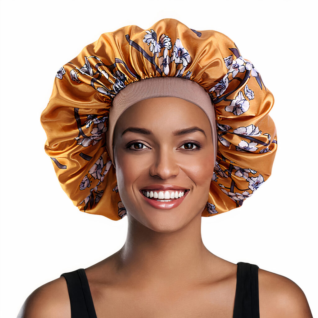 Femme souriante en débardeur noir et portant un bonnet en soit doré en satin avec des motifs de fleurs de cerisier