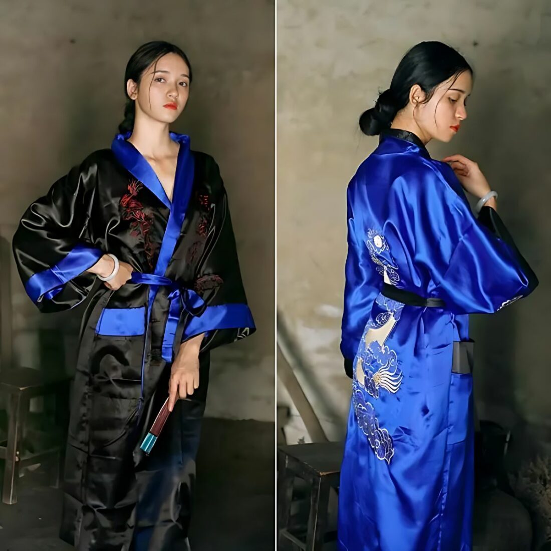 Kimono réversible en satin pour femme IMG 15 02 kimono satin reversible femme porte bleu