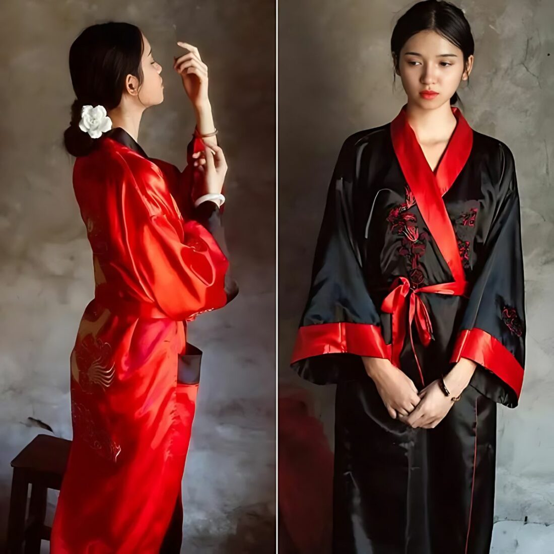 Kimono réversible en satin pour femme IMG 15 02 kimono satin reversible femme porte rouge