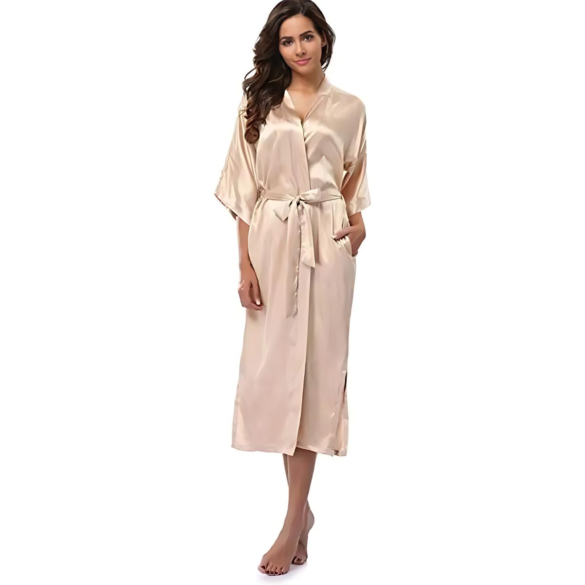 Robe de chambre longue unie en satin pour femme – Image 2