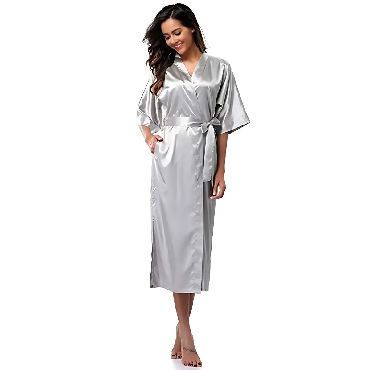 Robe de chambre longue unie en satin pour femme – Image 5