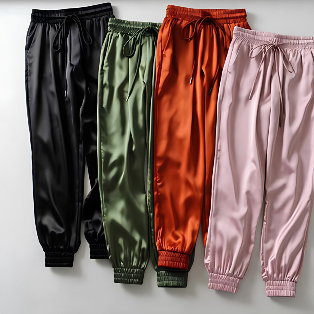 Quatre pantalons style jogging en satin pour femme. Un noir, un vert, un orange et un rose.