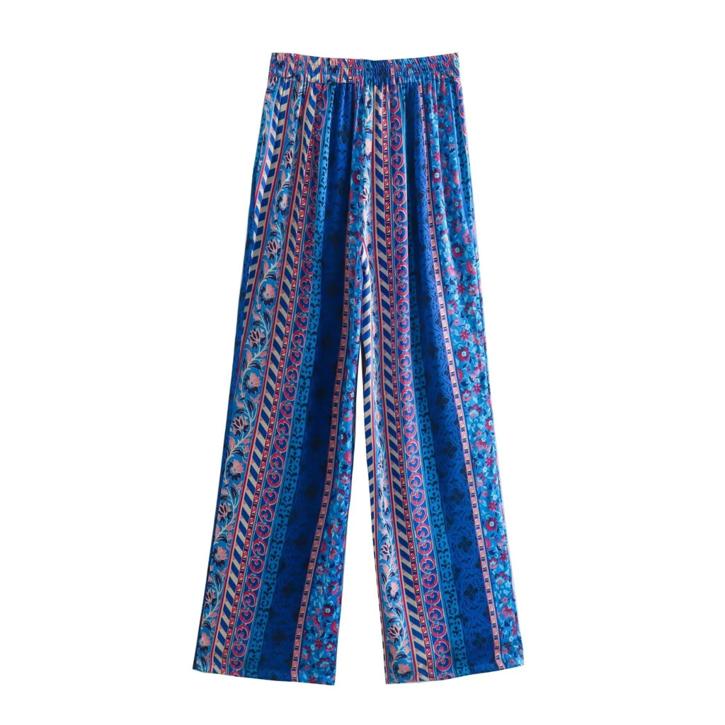 Pantalon en satin bleu à motifs pour femmes
