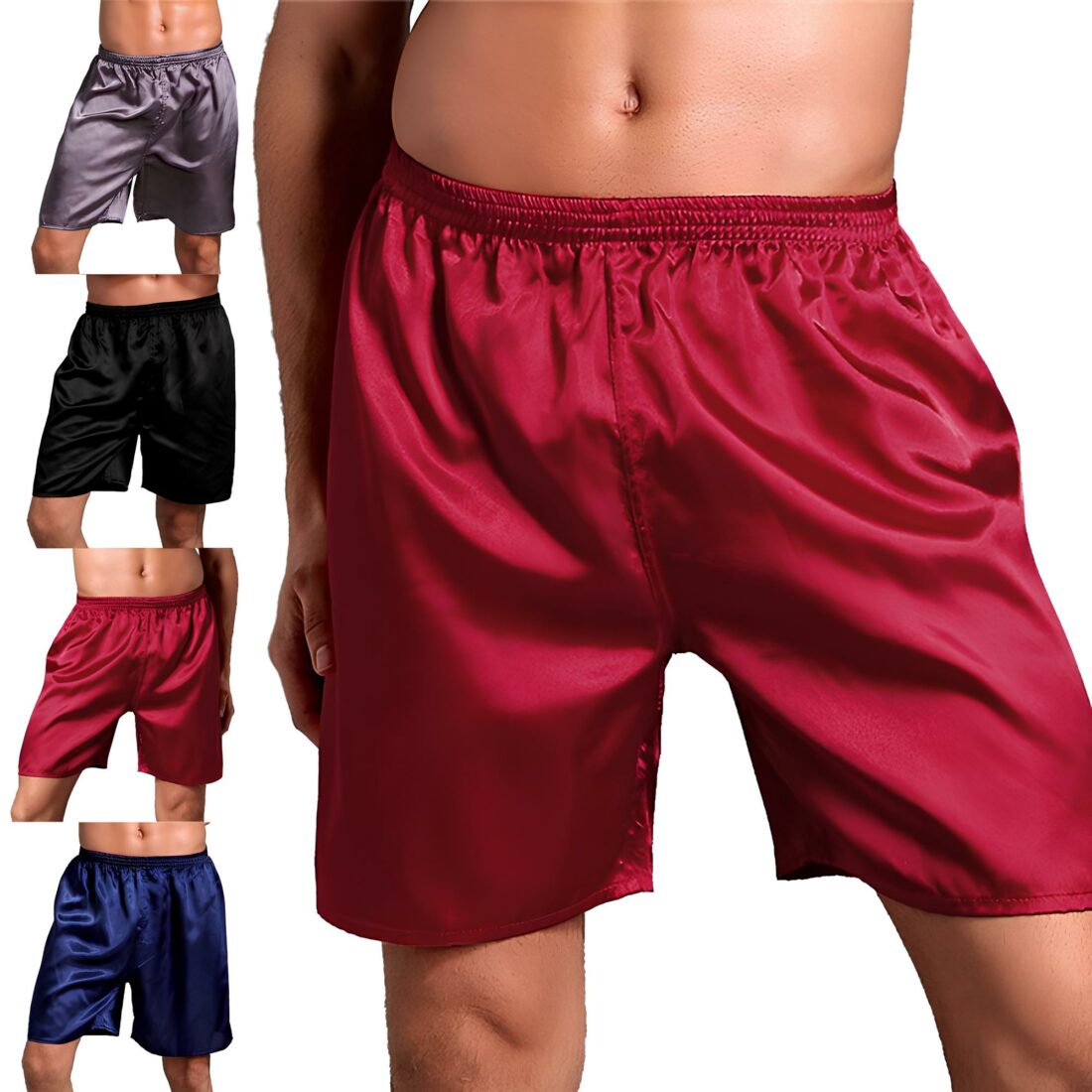 Homme que l'on voit du nombril jusqu'aux genoux portant un caleçon long et large rouge. Sur la partie de gauche, 4 image les unes en dessous des autres montrant un homme portant le même caleçon mais dans 4 couleurs différentes : gris, noir, rouge et bleu.