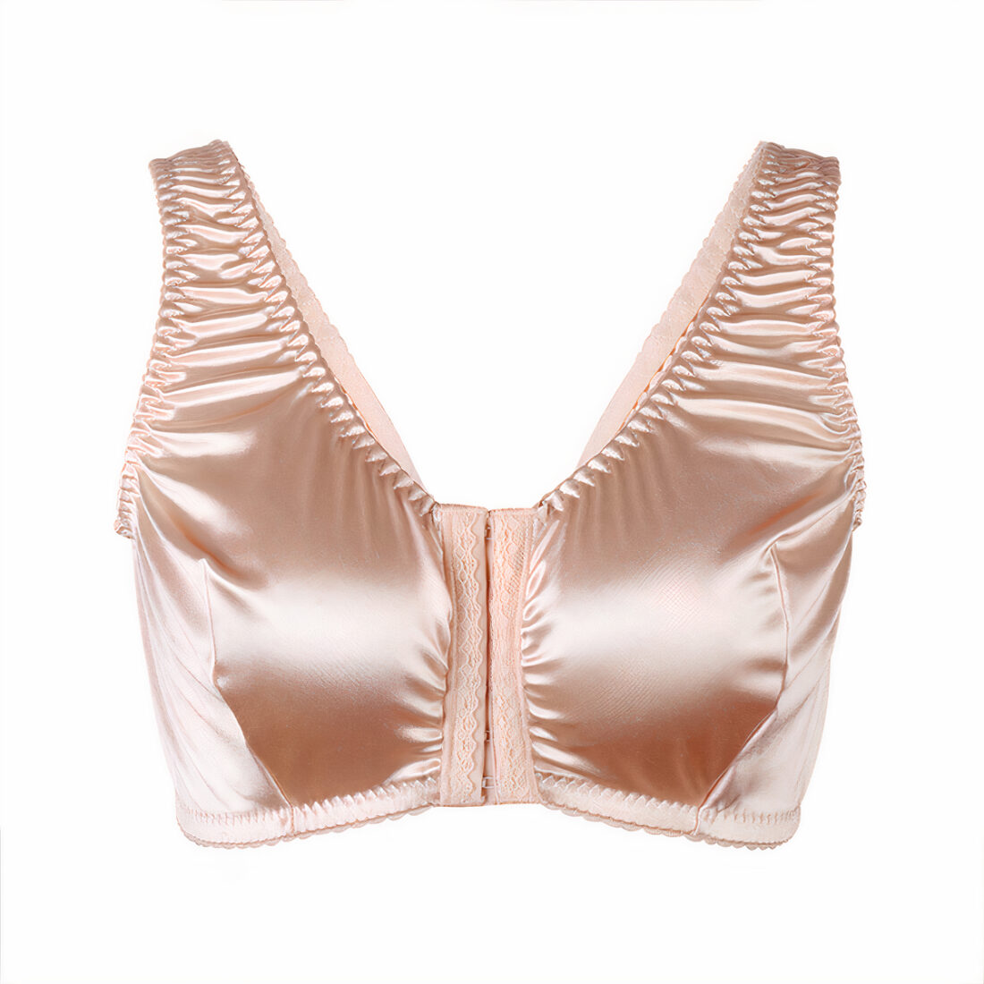Brassière rose qui s'attache par devant en satin sur fond blanc.