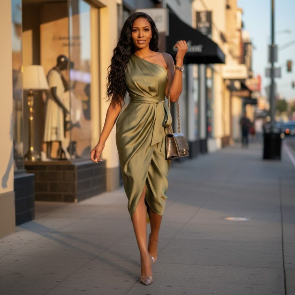 Une femme portant une robe satin verte mi longue avec un sac à la maison gauche