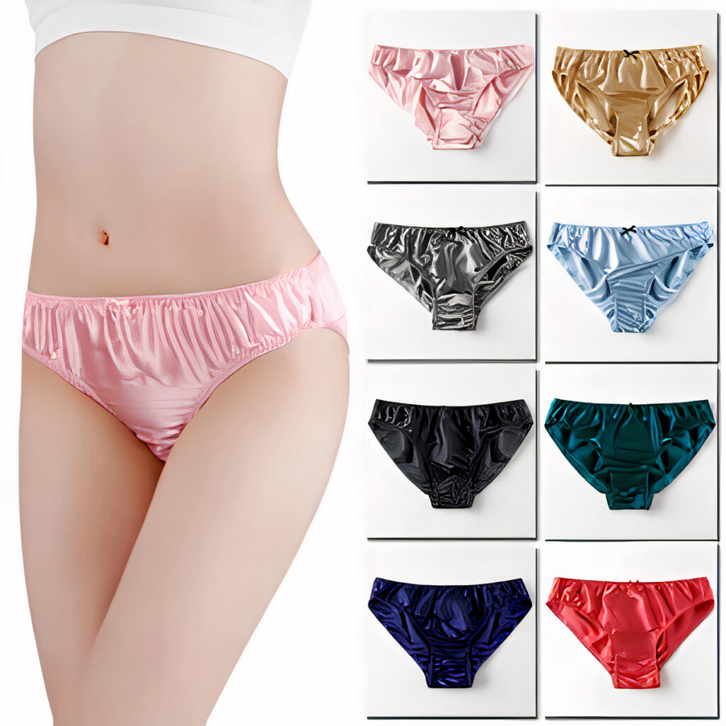 Sur la partie gauche, une culotte rose en satin avec un petit nœud devant portée par une femme debout. Sur la droite, un tableau de 2 colonnes et 4 lignes avec dans chaque case, une culotte comme suit de gauche à droite et de haut en bas : rose, marron, grise, bleue, noire, verte, bleu foncé, rouge.